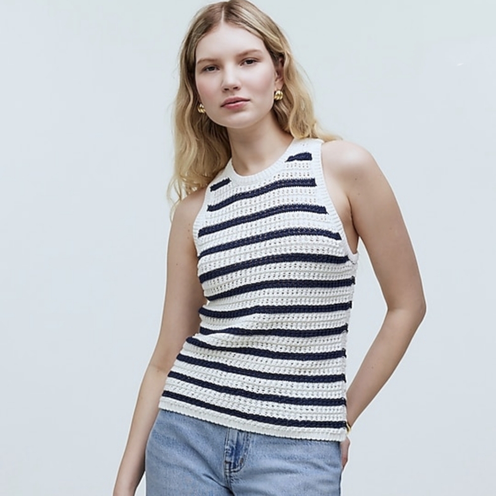 Madewell Crochet-Knit Crewneck Sweater Tank in Stripe, Size Small